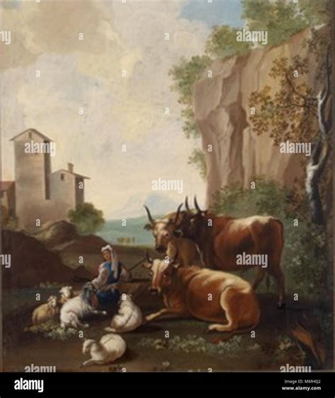 ilustrácia pastiera s ovcami a kravami v krajine