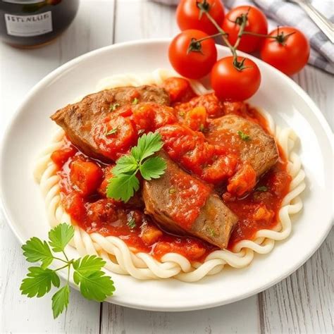 Fotografia hotového jedla: pečeň v paradajkovej omáčke so špenátom a pečenými batátmi