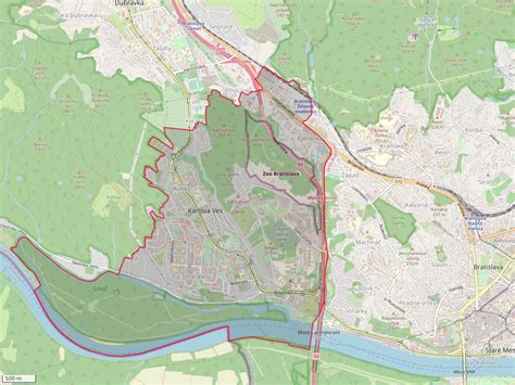 Mapa mestskej časti Karlova Ves s vyznačenými poliklinikami a zdravotníckymi zariadeniami