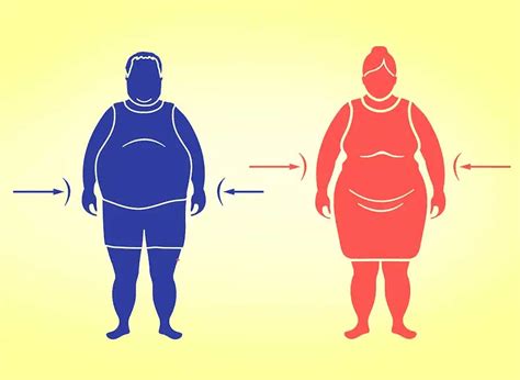 Schéma porovnávajúca typ jablko (abdominálna obezita) a typ hruška (gynoidná obezita) s vyznačením oblastí ukladania tuku.