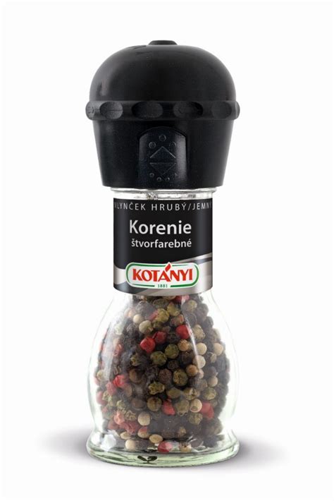 Ilustrácia čierneho korenia v rôznych formách: celé zrniečka, čerstvo namleté korenie v mlynčeku, mleté korenie v miske.