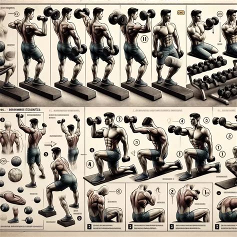 Ilustrácia rôznych cvikov na prsné svaly: kliky, tlak dlaní, rozpažovanie s činkami