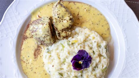 Tanier s krémovým cuketovým rizotom ozdobený bylinkami