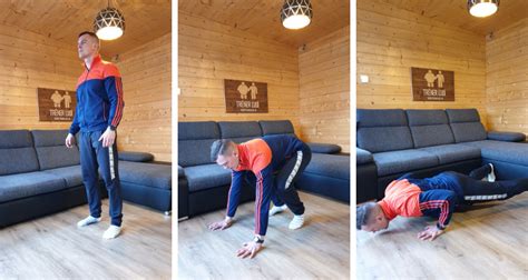 Ilustrácia alebo koláž zobrazujúca jednotlivé cviky: zvieracia chôdza, hindu kľuky, ľah a postavenie sa, dotyk ramena, horolezec, mega kombinácia, drepy s odrazom, drepy na jednej nohe.