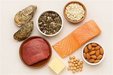 Obrázok zobrazujúci rôzne potraviny bohaté na jód, selén a zinok