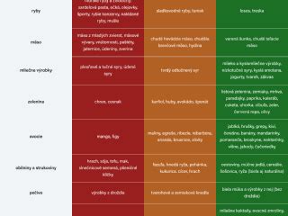 Infografika: rozdelenie potravín na odporúčané a nevhodné podľa typu chronického ochorenia (HIT, dna, hypertenzia, diabetes).