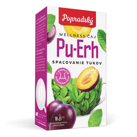 Balenie Popradského Wellness čaju Pu-Erh spaľovanie tukov s L-karnitínom, s vyobrazením pyramídových vrecúšok a zložiek