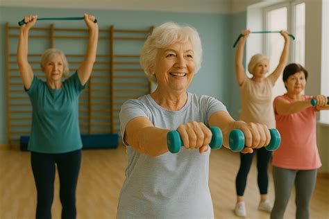 Infografika znázorňujúca hlavné prínosy pravidelného cvičenia pre seniorov: lepšia rovnováha, pevnejšie kosti, podpora srdca a psychická pohoda