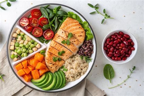 Infografika: Tanier rozdelený na sekcie: zelenina, bielkoviny, komplexné sacharidy, zdravé tuky