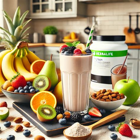 Tematické foto: Herbalife produkty na stole s čerstvým ovocím a šejkrom