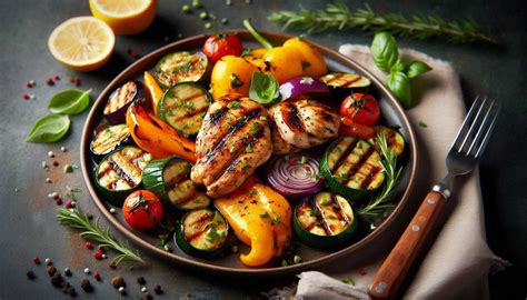 fotografia: farebný paleo obed v krabičke obsahujúci pečenú zeleninu, grilované kuracie mäso a čerstvý šalát