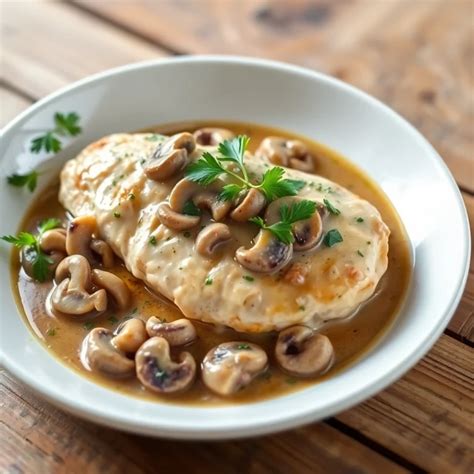 Tematické foto hotového jedla: Kuracie prsia na šampiňónovej omáčke s čerstvou petržlenovou vňaťou a prílohou.