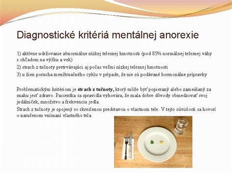 infografika znázorňujúca kľúčové diagnostické kritériá: BMI pod 17,5, strach z priberania a skreslené vnímanie tela
