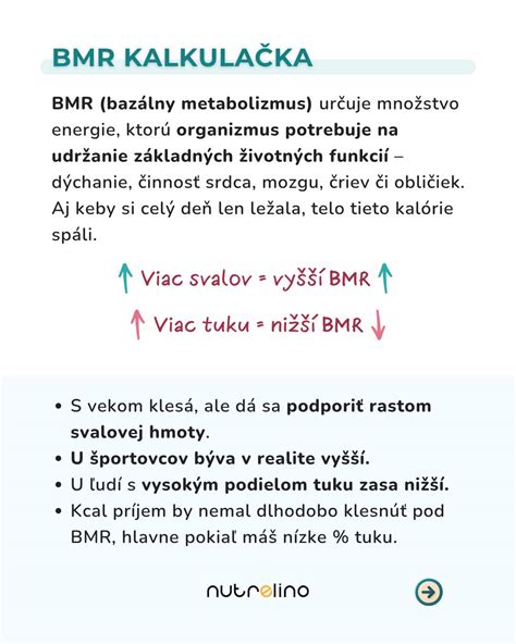 Infografika znázorňujúca základné zložky BMR (dýchanie, srdce, orgány) a vplyv svalovej hmoty na metabolizmus