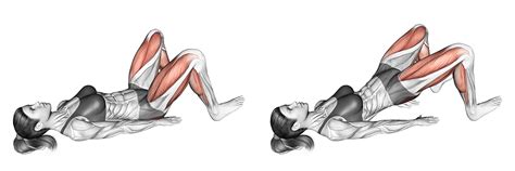 Schéma techniky správneho prevedenia Glute Bridge s označením zapojených svalov.