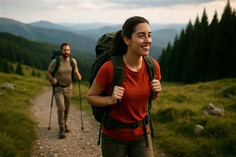 Tematické foto: Šťastná žena na prechádzke v prírode, nordic walking