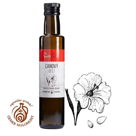 Koláž rôznych druhov za studena lisovaných olejov, s dôrazom na ľanový olej.