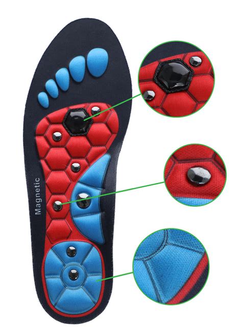 Ilustrácia magnetických vložiek do topánok s detailným pohľadom na magnetické body a akupresúrne výstupky