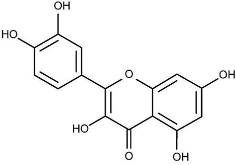 Chemická štruktúra kvercetínu ako príkladu flavonoidu.